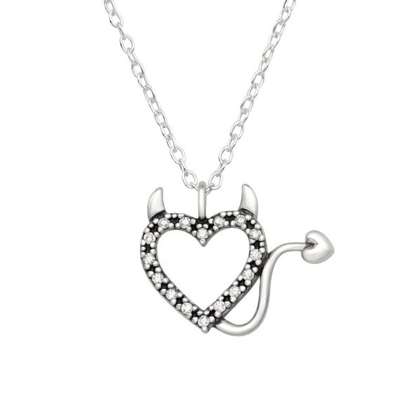 Sterling Silver Black CZ Devil Heart Necklace - Edgy Romance - Picture 1 of 11